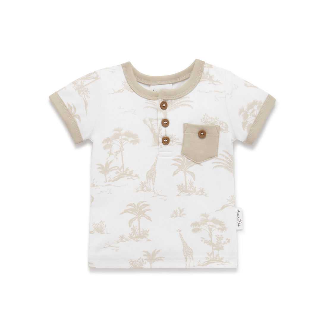 Aster & Oak Cotton White Jungle Print AOP Henley Top Boys