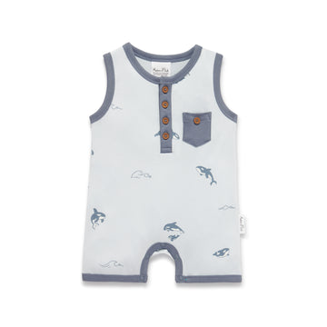 Baby Boys One Piece Whale Pale Blue Orca Henley Romper