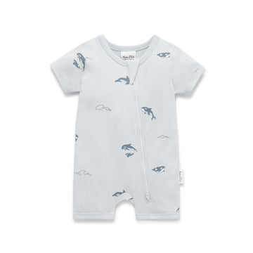 Baby Boys Organic Cotton Pale Blue Whale Orca Zip Romper