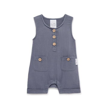 Navy Boys Summer Sleeveless Flint Blue Muslin Romper