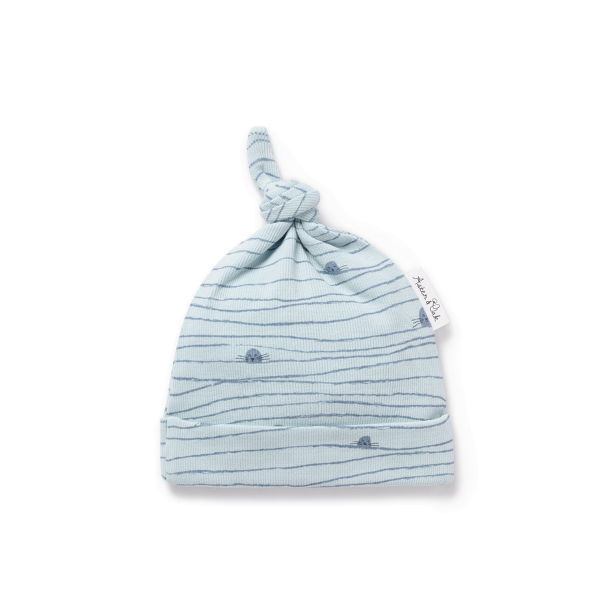 Newborn Hospital Blue Boys Striped Seal Rib Knot Hat