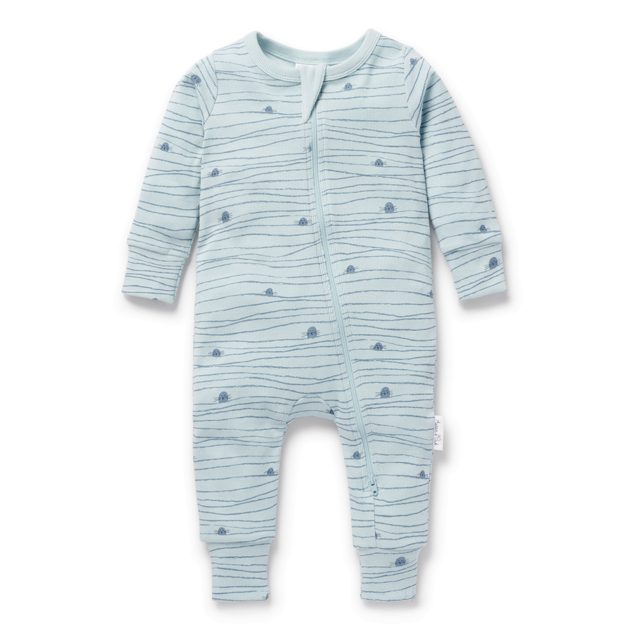 Newborn Baby Blue Navy Striped Seal Rib Zip Romper