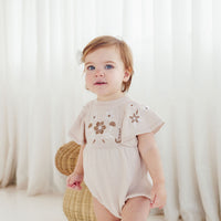 Baby Girls Embroidered Oat Knit Romper Whimsical Flowers