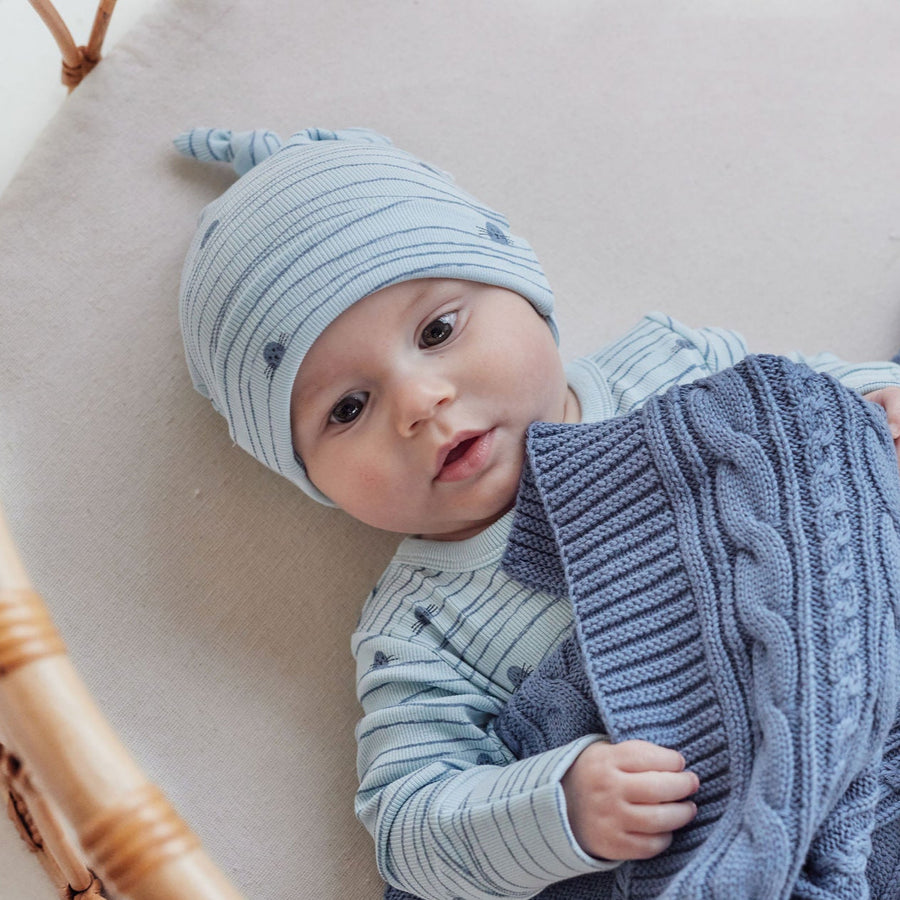 Newborn Hospital Blue Boys Striped Seal Rib Knot Hat