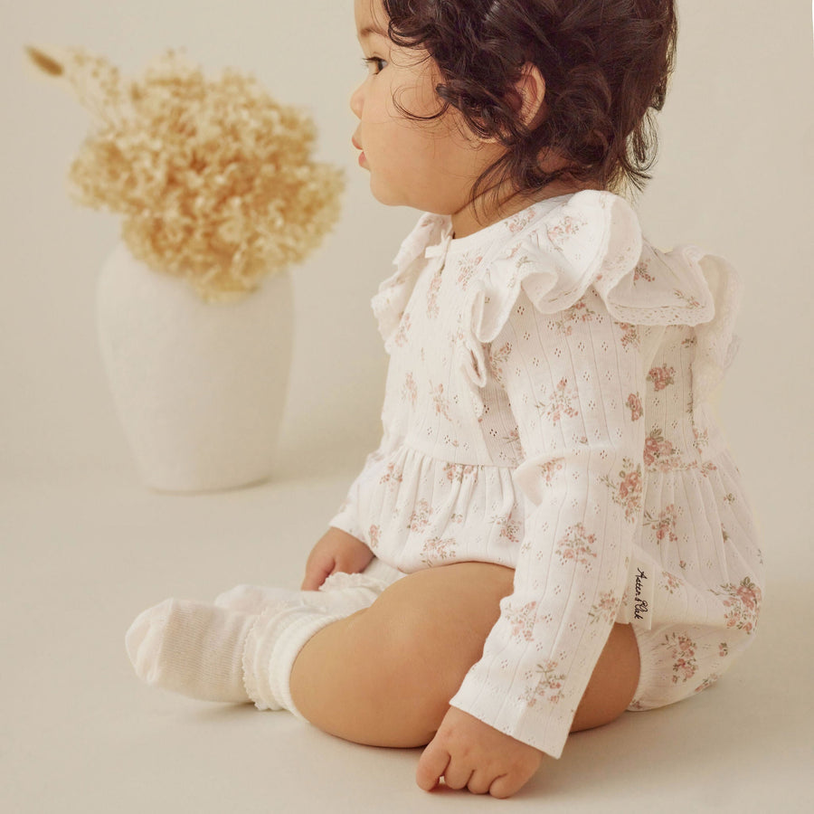 Baby Girl Lace Ruffle Posie Floral Pointelle Bubble Romper