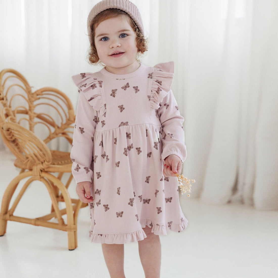 Baby Toddler Girl Pink Butterfly Rib Ruffle Dress Party Cotton 