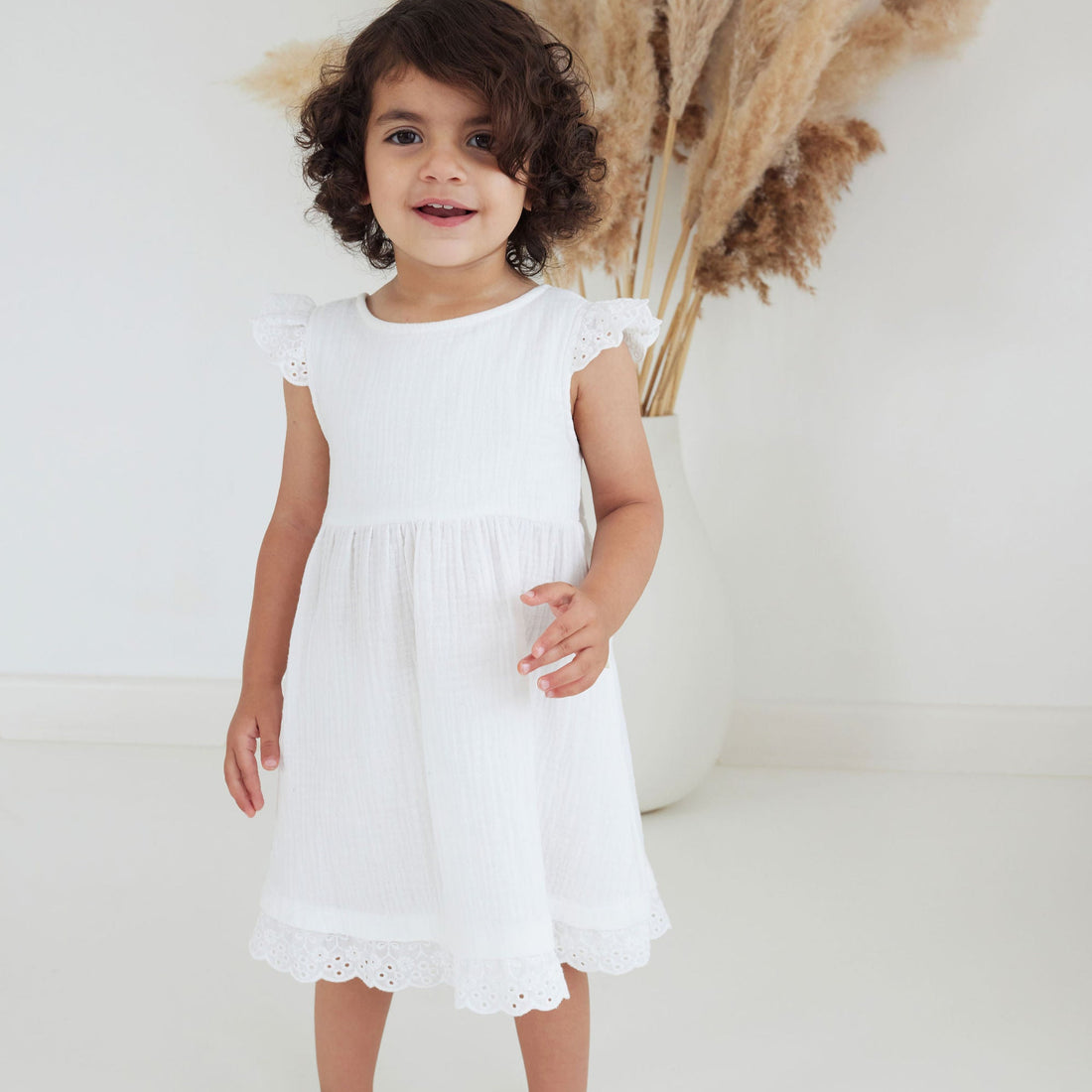 Baby Toddler Girls Boho Essential White Muslin Flutter Lace Dress