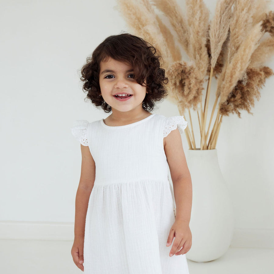 Baby Toddler Girls Boho Essential White Muslin Flutter Lace Dress