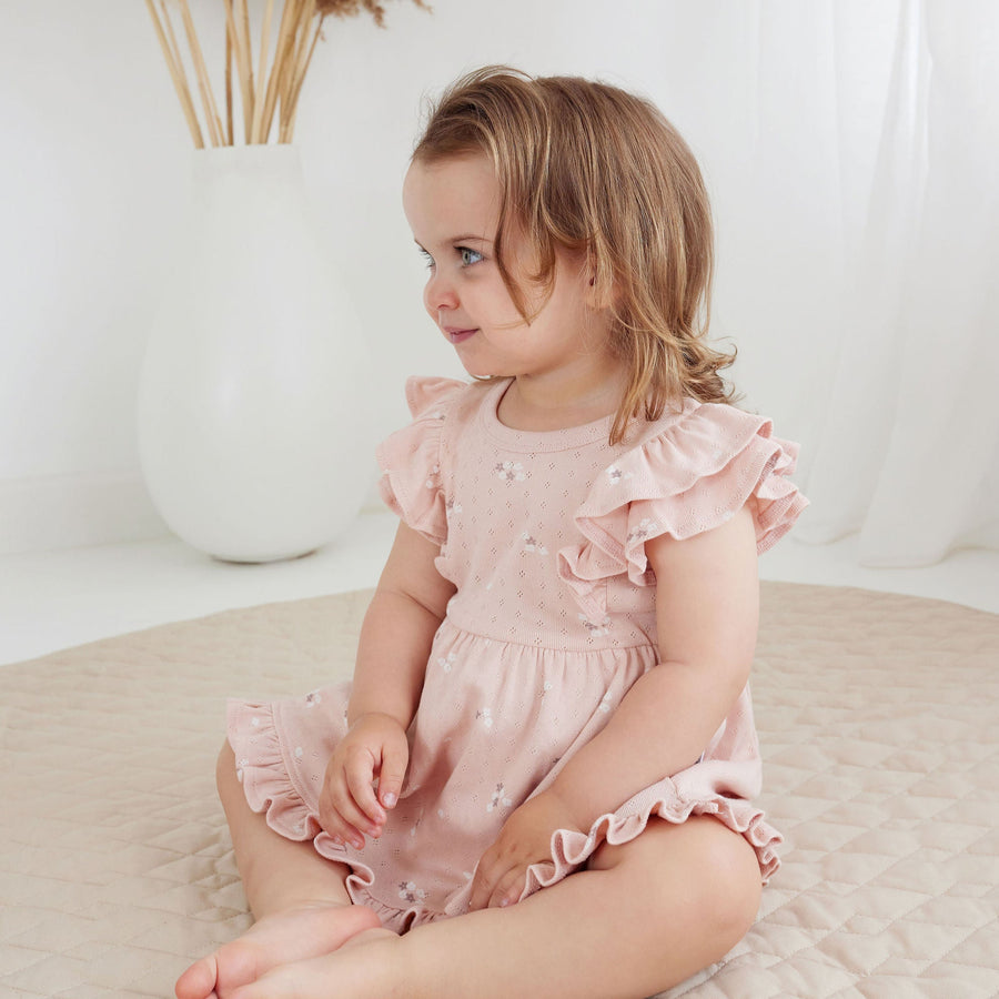 Baby & Toddler Flutter Sleeve Floral Petal Pointelle Ruffle Dress