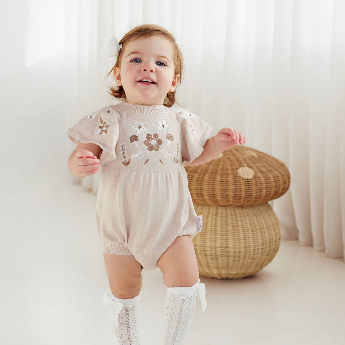 Baby Girls Embroidered Oat Knit Romper Whimsical Flowers