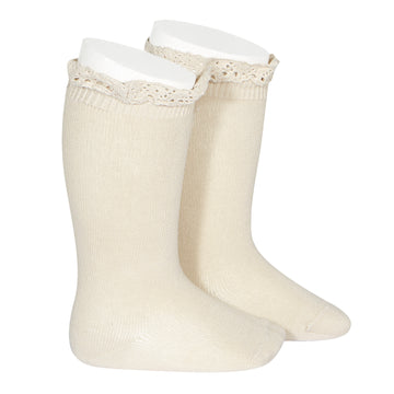 Knee High Lace Trim Socks - Linen Condor Spain Aster & Oak Organic Cotton